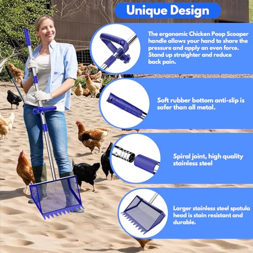 Chicken Poop Scooper Rake 2-in-1,304 Stainless Steel Shovel Head, Chicken Litter Scoop with Handle for Chicken Coop for Sand, Pet Waste Cleaning, Litter Sifting Shovel (35 to 65") (Blue, 10inch) - color: Blue, size: 10inch