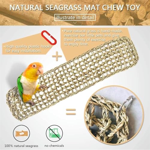 Bird Seagrass Mat 39.4×7" Natural Grass Woven Net Hammock Hanging on Parrot Cage with Hooks Parakeet Climbing Rope Ladder Chew Toys for Lovebird Cockatiel Conure Budgie Cockatoo Supplies - size: 39.4×7''