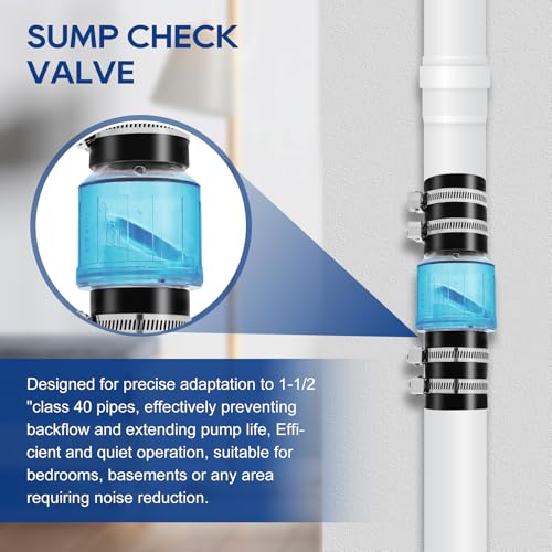 Quiet PVC Check Valve 1-1/2 Inch Sump Pump Check Valve with Buna-N Couplings With Spring Loaded Flapper Fit 1-1/2″ Class 40 Pipe With Stainless Clamps - size: 1-1/2 Inch Sump Pump Check Valve
