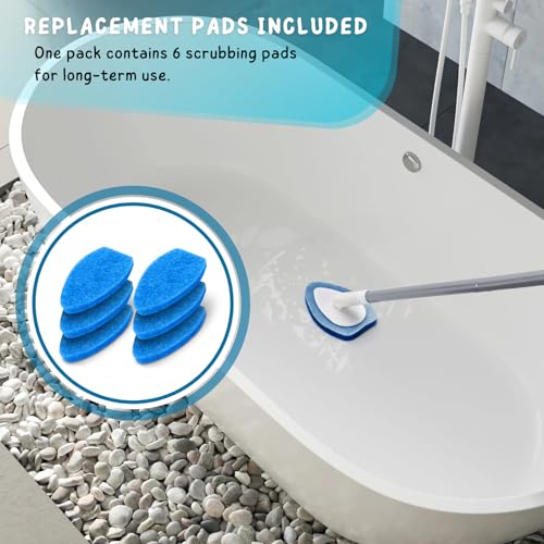 Shower Scrubber, Bathroom Tub and Tile Cleaner Brush with Long Handle, 47'' Bathtub Cleaning Tool with 6 Refill Pads - color: Blue, size: Scrubber with Long handle