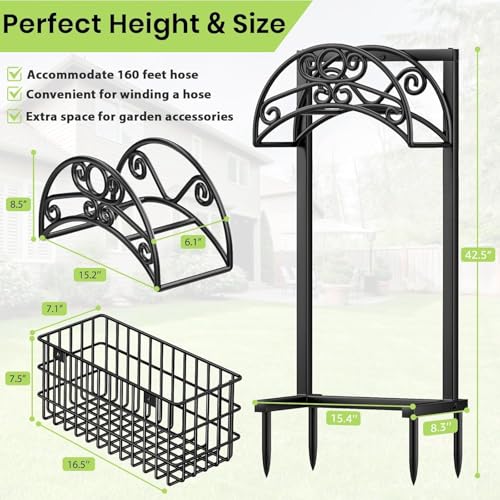TomCare Garden Hose Holder Upgraded Water Hose Holder Heavy Duty 4 Spikes Hose Hanger Holds 160 Feet Hoses Stable Freestanding Hose Storage Organizer for Outside Yard - color: All Black