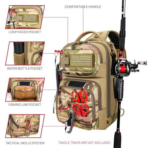 Fishing Sling Bag, Fishing Bag With Rod Holder Fixed Stickers, MOLLE System, Soft Bait & Gear Storage, Gift for Men, Khaki - color: Brown