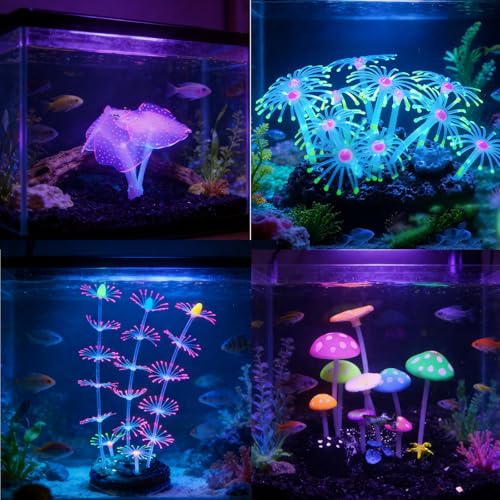 Swaying Coral Decor Set - 4-Pack: String, Starry, Feather & Mushroom Soft Silicone Aquarium Ornaments with Lifelike Motion for Freshwater & Saltwater Fish Tanks, Safe Fish Shrimp Habitat