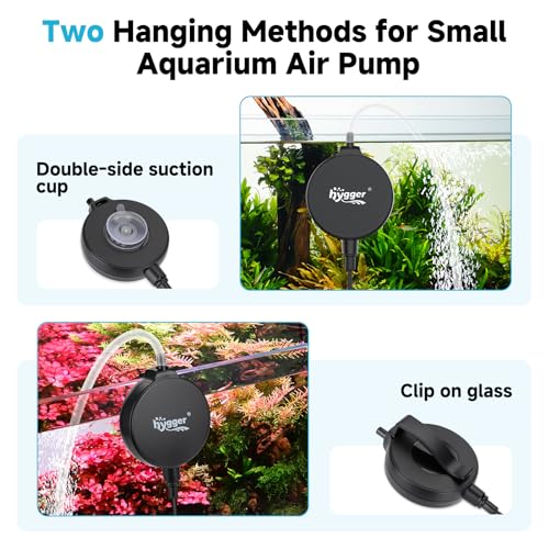 hygger 1.5 Watt Mini Aquarium Air Pump, Quiet Aerator with Air Stone Tubing Suction Cup Clip, Small Fish Tank Bubbler Oxygen Pump for 1 to 15 Gallon Betta Tank, Fish Bowl, Desk Small Tank