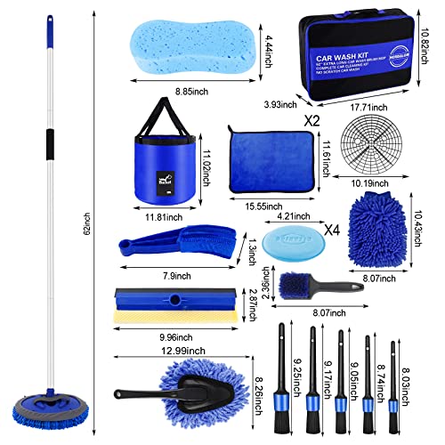 21Pcs Car Wash Kit,62" Car Wash Brush Mop with Long Handle,Car Cleaning Kit,Car Detailing Brush Set,Car Wash Bucket with Filter,Windshield Window Squeegee for Cars RV Truck Boat (Blue)