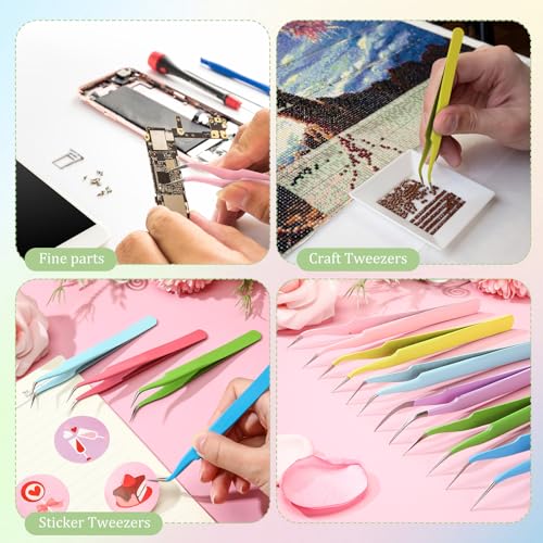 Honoson 9 Pieces Curved Pointed Craft Tweezers Stainless Steel Precision Tweezer with Protective Cover for Rhinestones Dried Flowers Craft Stickers Eyelash Extension Jewelry Making(Macaron Colors) - color: Macaron Colors
