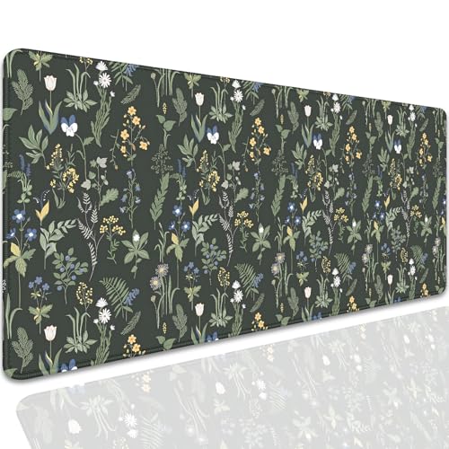 Green Plants Flowers Desk Pad Mouse Pad,Large Floral Mouse Mat with Stitched Edges,Non-Slip Rubber Base Elegant Mousepad for Office PC Keyboard Laptop and Home Work Desk Mat(27.5X11.8 in) - color: Green plants and white flowers