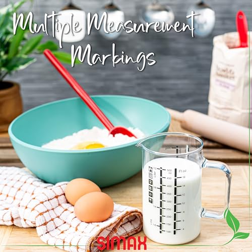 Simax Glass Measuring Cup: 16 Oz Measuring Cups Glass - Liter, Oz and Ml Measuring Cup for Liquid - Borosilicate Glass Metric Measuring Cups in Gram - Measure Flour and Sugar Grams - Easy Pour Spout - size: 16 Ounce
