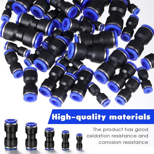 100 Pcs Quick Connect Air Hose Fittings, 5 Sizes Air Line Push to Connect Fittings Kit Quick Release Pneumatic Connectors Plastic Straight Tube Connector (2 Way, 4 6 8 10 12 mm)