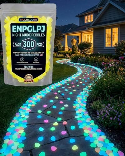 Colorful Glow in the Dark Garden Stones Night Guide Pebbles Luminous Rocks Outdoor Pathway Walkway Yard Patio Fish Tank Aquarium Stepping Decor Landscape Waterproof Solar Magical - color: Yellow, size: 300pcs