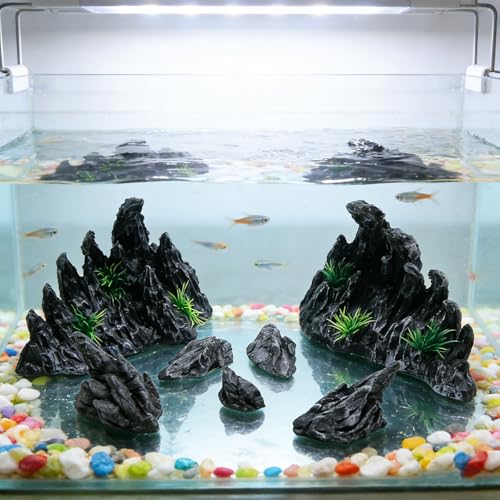 Large “Soul Valley” 7pcs Resin Aquarium Decor Set – Fish Tank Decorations, Imitation Stone Ornaments for 12-20 inch aquariums, Natural Rock Style Decor for Fresh/Saltwater Landscaping Aquariums