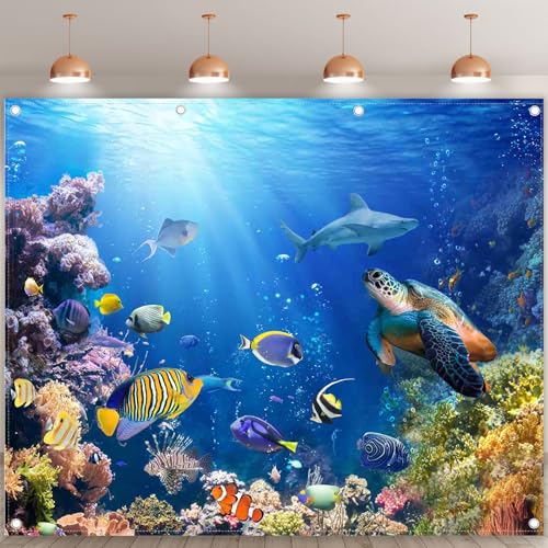 10x8ft Under The Sea Photography Backdrop Ocean Underwater World Background Aquarium Coral Baby Shower Decorations Birthday Party Photo Banner - size: 10'x8'