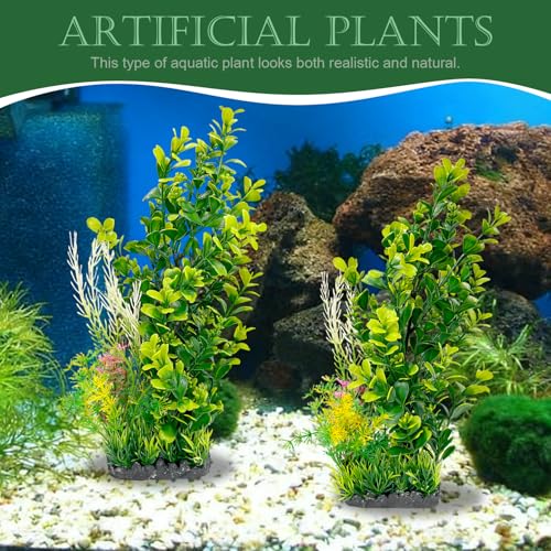 Aquarium Plants 2-Pack, 11.8in Artificial Plastic Fish Tank Decor, Moderate Size Aquarium Decorations, Safe Green Fish Tank Plants for Freshwater Tanks (Light Green & Gold Mix) - color: Light Green & Gold Mix