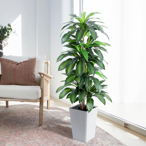 Artificial Dracaena Tree with White Tall Planter, 5ft Tall Potted Artificial Dracaena Silk Plant, Fake Yucca Tree Plant, Home Office Floor Room Decor Plants Indoor Outdoor, Housewarming Gift - color: Dracaena Plant 5ft