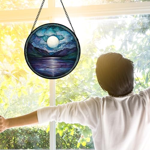 DASTOLL Stained Glass Window Hanging, Blue Night Moon Lake Sun Catchers Colorful Glass Panel Landscape Suncatcher Decor for Birthday for Women, Men, Wife, Aunt, and Mom 7.8 in - color: Blue and White, size: 7.8x7.8 IN