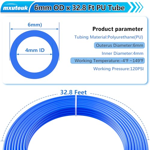 mxuteuk 6mm Air Line Tubing Kit,6mm Air Hose Kit,6 mm x 32.8 Feet(10 Meter) PU Tube with Push to Connect Fittings - style: 6mm OD Hose