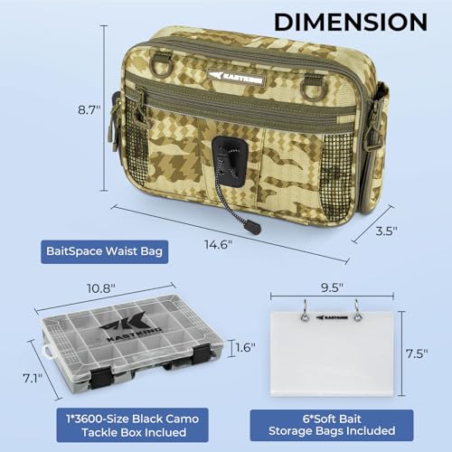 KastKing BaitSpace Waist Bag – Waterproof Tackle Storage Bag With Adjustable Belt, Fishing Fanny Pack for Men, Soft Bait Organizer, 3600 Utility Box, Rod Holder, Nylon - color: Khaki Camo