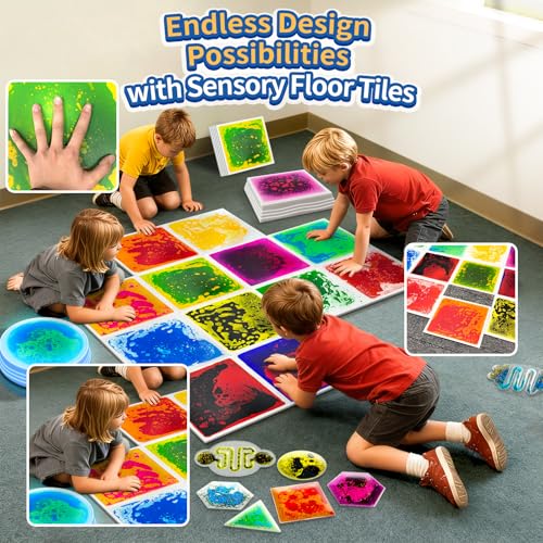 Liquid Sensory Floor Tiles for Kids Ages 3+ – 11.8" Step-On Toys with Color Flow Effect & Non-Slip Textured Base – for Classroom Use or Calm Zones (6-Pack) - style: Regular Tiles (6-Pack)