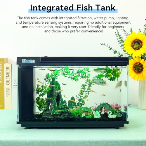 17.6x9.7x11.3 in Fish Tank Kit Complete Aquarium for Betta Fish Goldfish | Real-Time Temp Display, 3-Speed Water Pump, Smart Storage, Flexible Filter, 6 Color Lights