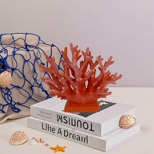 5.8" H Red Orange Coral Decor - Resin Coral Statue, Nautical Decor for Home, Bedroom, Bathroom, Living Room, Ocean Themed Cabinet Shelf Tabletop Decoration - color: Red Orange, size: 5.83"H