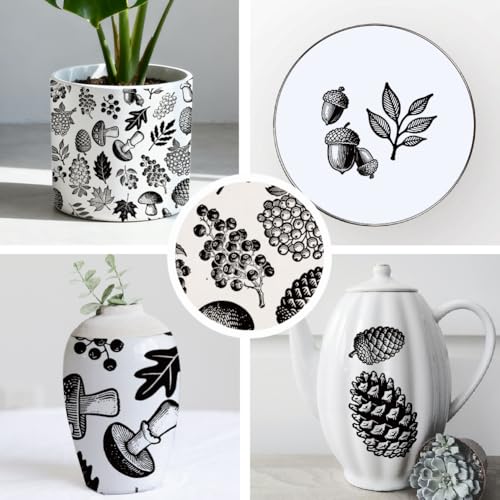SUPERDANT 4PCS Forest Underglaze Paper Transfer Pinecone Mushroom Transfer Paper for Clay Ceramic Porcelain Under Glaze Transfers for Pottery Enamel Decals Black Underglaze Decal Papers - style: Forest Elements