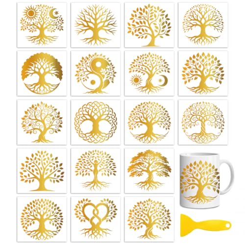 Peacoblue 18 Sheets Rub on Transfers for Crafts, Golden Tree of Life 3.6"x3.9" UV DTF Cup Wraps Waterproof Cold Transfers Stickers for Wood Glass Metal Cup Tumblers Mirrors Mugs Home Decor - style: Golden Tree of Life