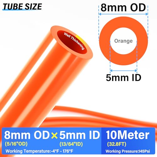 TAILONZ PNEUMATIC Orange 8mm or 5/16 OD 5mm ID Polyurethane PU Air Hose Pipe Tube Kit 10 Meter 32.8ft - color: Orange, size: 8mm OD/32.8ft/10m