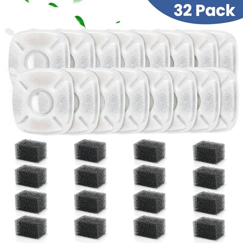 32 Pack Cat Water Fountain Filters, 16 Pcs Replacement Cats Fountain Filters & 16 Pcs Pre-Filter Sponges for 95oz/2.8L 135oz/4L 67oz/2L Automatic Pet Water Fountain Cat Dog Water Dispenser Filter