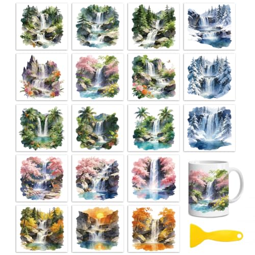 Peacoblue 18 Sheets Rub on Transfers for Crafts, Waterfall Forest Scenery 3.6"x3.9" UV DTF Cup Wraps Waterproof Cold Transfers Stickers for Wood Glass Metal Cup Tumblers Mirrors Mugs Home Decor - style: Waterfall Forest Scenery