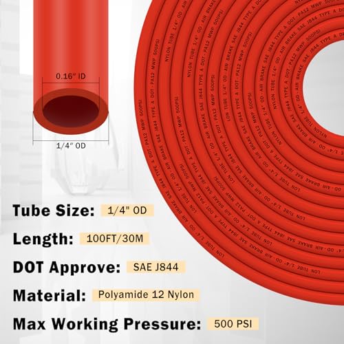 CheeMuii 100 FT 1/4" DOT Air Line with 34 Pcs Brass DOT Air Line Fittings Kit 30.5 Meter 1/4 Red Air Lines Service Kit with Push Lock Air Fitting Air Coupler & Plug Kit - color: red & gold, size: 1/4"100ft-37pcs