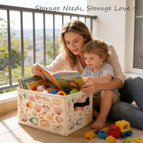 Coastal Beach Colorful Seashell Storage Bins Box with Handles, Preppy Coastal Summer Ocean Conch Foldable Basket Toybox for Girls Room Bedroom Bathroom Home Clothes Toys Books - color: color-5