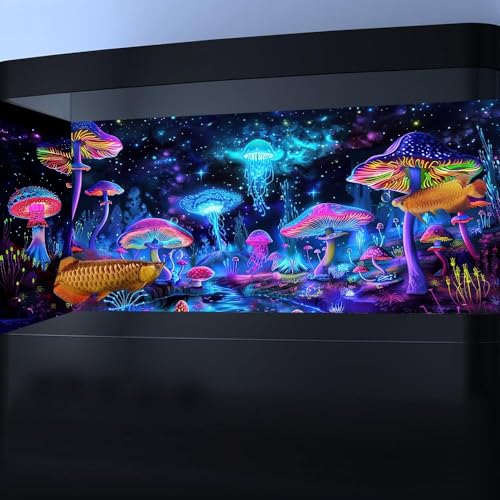 60X24IN Blacklight Mushroom Jellyfish Aquarium Background UV Reactive Background Starry Sky Terrarium Background with 10 EVA Double-Sided Tape - size: 60X24in/150X60cm