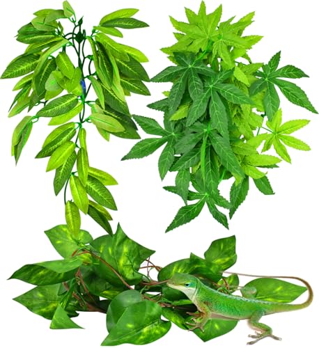 KATUMO Reptile Plants, 3PCS Amphibian Hanging Plants with Suction Cup for Lizards, Geckos, Bearded Dragons, Snake, Hermit Crab Tank Pets Habitat Decorations - color: Green