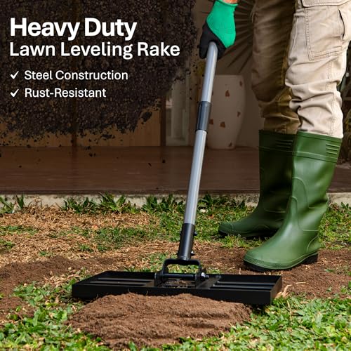 Lawn Leveling Rake with Work Gloves - Heavy-Duty Yard Leveling Rake - 17" X 10" Lawn Leveler Rake with 6.5ft Adjustable Pole - Quick to Assemble Rakes for Lawns and Garden