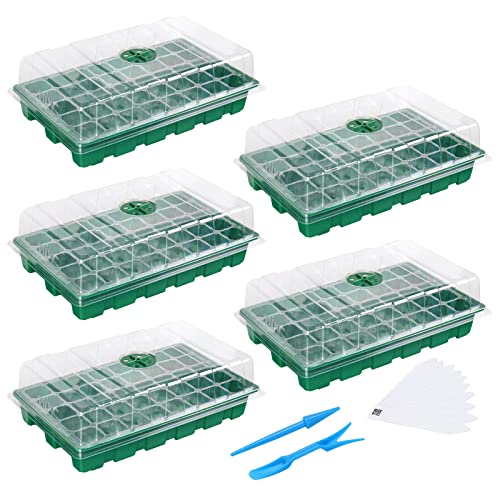 MIXC Seedling Trays Seed Starter Tray, 5-Pack Mini Propagator Plant Greenhouse Grow Kit with Humidity Vented Domes and Base for Seeds' Starting (40 Cells Per Tray, Total 200 Cells), Green - color: Green, size: 40-Cell 5-Pack