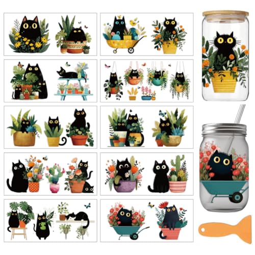 arricraft 10 Sheets UV DTF Cup Wrap for 16OZ Glass, Black Cat and Potted Plant Rub on Decals PVC Transfer Stickers for DIY Cups Wood Funiture 24x11cm/9.4x4.3inch - style: Black Cat and Potted Plant Theme