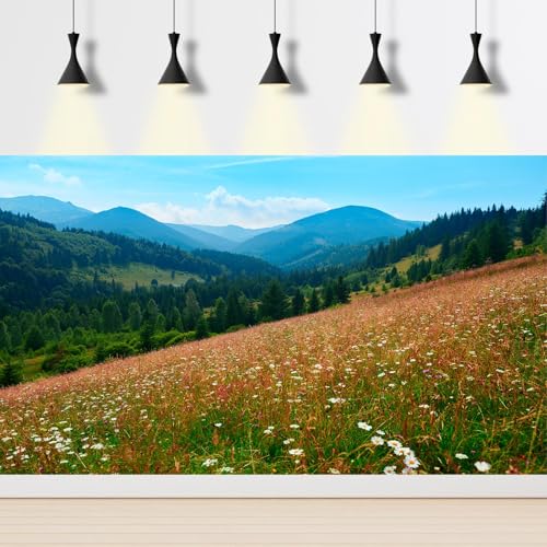 Mountain Spruces Aquarium Background Cloudy Blue Sky Wildflowers Meadow Fish Tank Background Fantastic Wild Nature Landscape Terrarium Backgrounds Carpathian Mountains Reptile Tank Backgrounds 24x12in - color: Orange_Green, size: 24(W)x12(H)inches/ 60(W)*