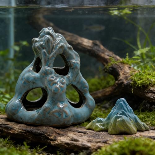 M2cbridge Aquarium Ceramic Cave Rock for Betta Shrimp Cichlid Fish Hideout Decor (Coral Cave + Mountain) - color: Coral Cave + Mountain