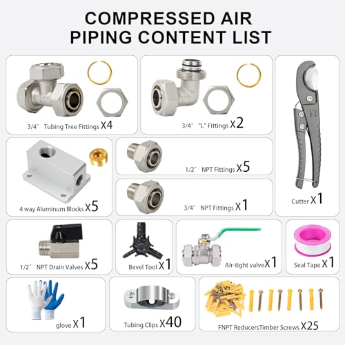 3/4" × 200 FT Shop Air Line Kit, Rapid Air System 3/4 Inch Hdpe-Aluminum Compressed Air Piping for Garage Includes Air-locking/Elbow/Tee/Air Outlet Block Fittings Leak Proof Easy to Install