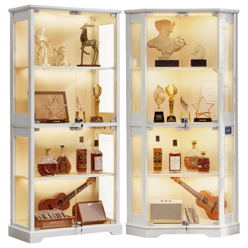 LELELINKY Farmhouse Glass Display Cabinet Set of 2 with Doors, Corner Curio Cabinet for Collectibles, Wooden Display Cabinets for Home, Office, Living Room, Corner, White - color: White, size: Set B