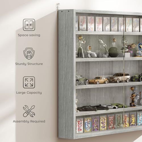 HOMCOM 5-Tier Display Cabinet, Glass Door Cabinet with Adjustable Shelves, Wall-Mounted Display Case for Playroom, Bedroom, Gray - color: Grey