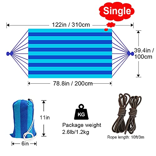 GOCAN Brazilian Single Hammock 1 Person Canvas 200X100cm Total Length 310cm Load 250kg Cotton Hammock for Garden Backyard Outdoor and Indoor - color: Peacock Blue