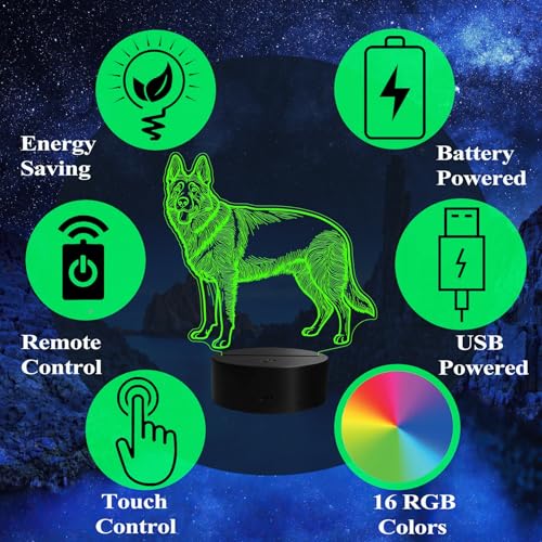German Shepherd Night Light, German Shepherd Gifts, 3D Illusion Lamp with Remote Control, 16 RGB Colors, 4 Flashing Modes, Timer, Dimmable, Kids Room Dog Decoration for Holiday Birthday Christmas - color: Color 8
