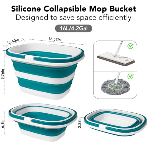 Large Collapsible Mop Bucket, 16L(4.2 Gallon) Plastic Bucket for House Cleaning, Car Washing, Silicone Cleaning Supplier Organizer, Portable Basket with Handle for Laundry Storage, RV Camping, Fishing - color: Green
