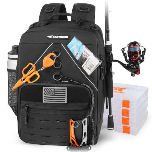 KastKing KarryAll Fishing Tackle Backpack with Rod Holder 4 Tackle Boxes,40/26L Tackle Bag Storage Fishing Gear and Equipment - color: D: Medium (26 L) - Black