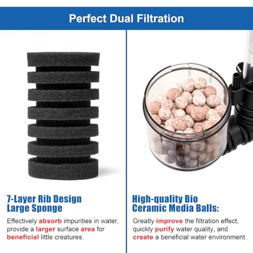 DaToo Aquarium Sponge Filter Fish Tank Foam Filter Quiet Submersible Bio Sponge Filter with 2 Spare Sponges and 1 Bag of Bio Ceramic Media Balls (DT-200A) - size: DT-200A (15 to 55 gallons)