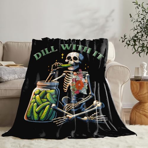 Pickle Skeleton Blanket for Girls Kids Women Adults Soft Cozy Flannel Fleece Funny Pickles Skull Throw Blankets Gifts Warm Fluffy Plush Decor for Couch Sofa 50"x40" - color: Pickled Skull, size: 50"x40"
