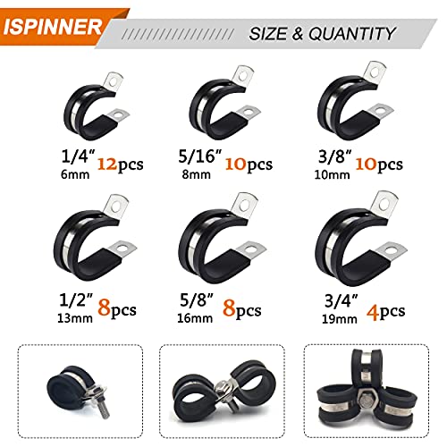 ISPINNER 52pcs Cable Clamps Assortment Kit, 304 Stainless Steel Rubber Cushion Pipe Clamps in 6 Sizes 1/4" 5/16" 3/8" 1/2" 5/8" 3/4" - color: Black