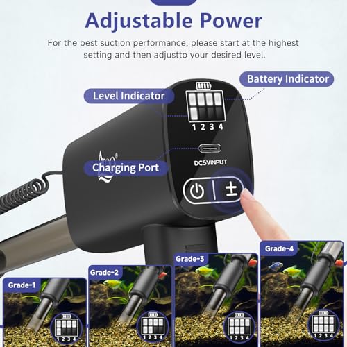 AQQA Electric Aquarium Vacuum Gravel Cleaner - 8W/213GPH Rechargeable Fish Tank Cleaning Tools Automatic Water Changer Pump with Debris Clean & Sand Washing, 4-Speed Adjustable Powerful Suction - size: 8W with 213GPH