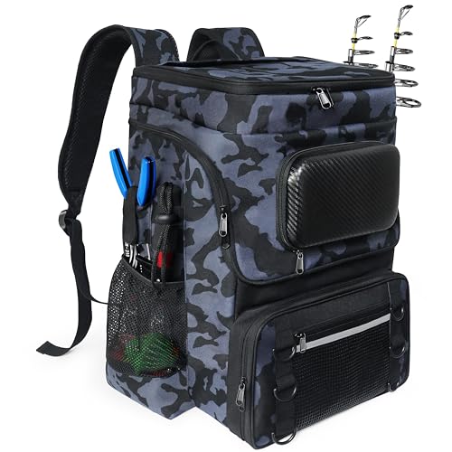 Fishing Backpack with Rod Holder, Large 50L Tackle Bag Water Resistant Tackle Backpack Heavy Duty Fishing Bag Gift for Men Woman - color: Camo Black without Tackle Boxes or Fishing Tools